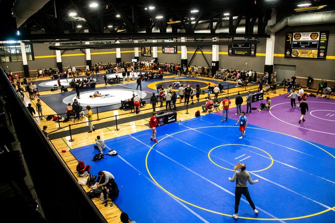 A general view during the UWW Junior and Senior national Greco-Roman wrestling championships, Friday, April 30, 2021, at the GreenState Family Fieldhouse in Coralville, Iowa.
