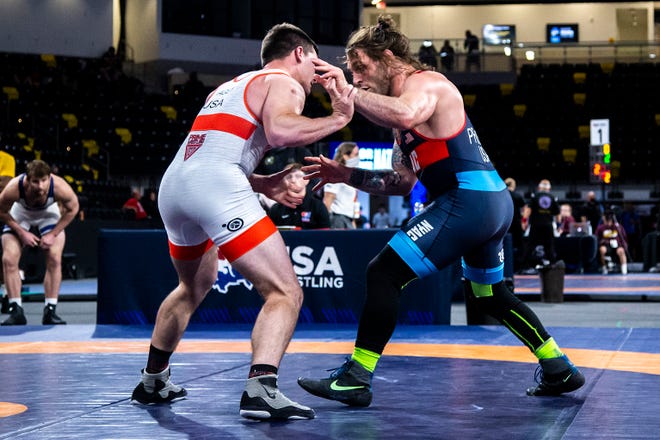 Ben Provisor, right, wrestles John Hagey at 82 kg during the UWW Senior national Greco-Roman wrestling championships, Friday, April 30, 2021, at the Xtream Arena in Coralville, Iowa.