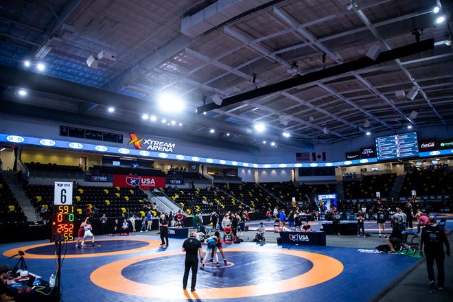 A general view during the UWW Junior and Senior national Greco-Roman wrestling championships, Friday, April 30, 2021, at the Xtream Arena in Coralville, Iowa.