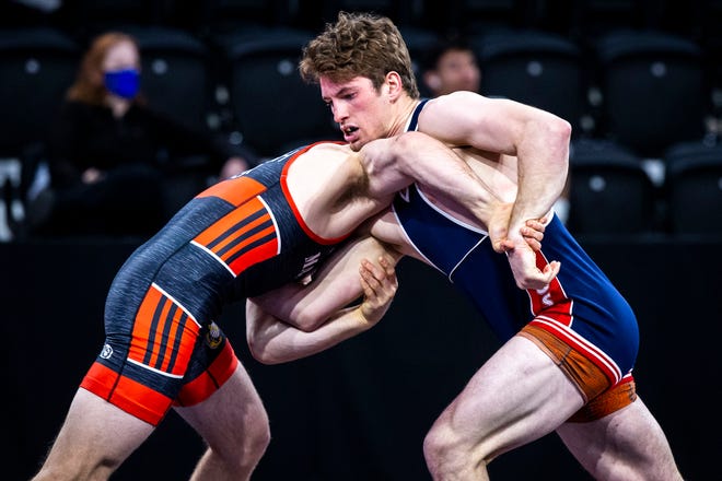 Kyle Briggs, right, wrestles Peyton Walsh at 82 kg during the UWW Junior and Senior national Greco-Roman wrestling championships, Friday, April 30, 2021, at the Xtream Arena in Coralville, Iowa.