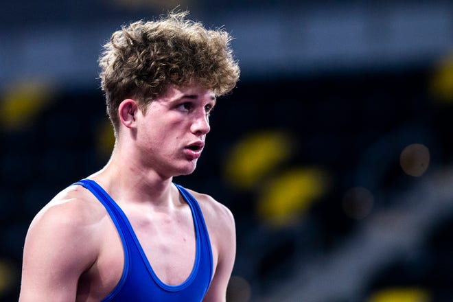 Hagen Heistand wrestles at 63 kg during the UWW Junior national Greco-Roman wrestling championships, Friday, April 30, 2021, at the Xtream Arena in Coralville, Iowa.
