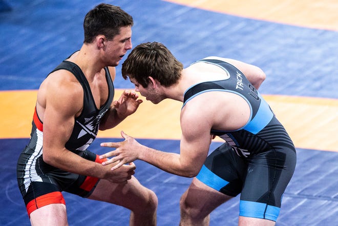 Kodiak Stephens, left, wrestles Tyler Hannah at 87 kg during the UWW Junior national Greco-Roman wrestling championships, Friday, April 30, 2021, at the Xtream Arena in Coralville, Iowa.