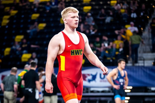 Gabe Christenson is introduced before a match at 92 kg during the UWW Junior National freestyle championships, Saturday, May 1, 2021, at the Xtream Arena in Coralville, Iowa.