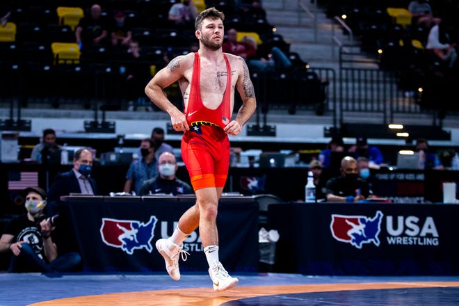 Jaydin Eierman is introduced before his match in the finals at 65 kg during the UWW Senior National freestyle wrestling championships, Saturday, May 1, 2021, at the Xtream Arena in Coralville, Iowa.