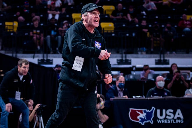 Hawkeye Wrestling Club advisor Terry Brands reacts during the UWW Senior National freestyle wrestling championships, Saturday, May 1, 2021, at the Xtream Arena in Coralville, Iowa.
