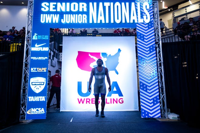 Kyven Gadson is introduced before his match at 92 kg during the UWW Senior National freestyle wrestling championships, Saturday, May 1, 2021, at the Xtream Arena in Coralville, Iowa.