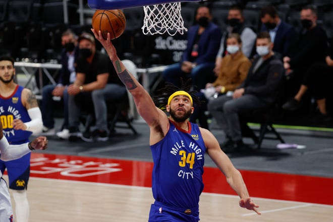 May 14, 2021; Detroit, Michigan, USA; Denver Nuggets center JaVale McGee (34) shoots in the second half against the Detroit Pistons at Little Caesars Arena. Mandatory Credit: Rick Osentoski-USA TODAY Sports