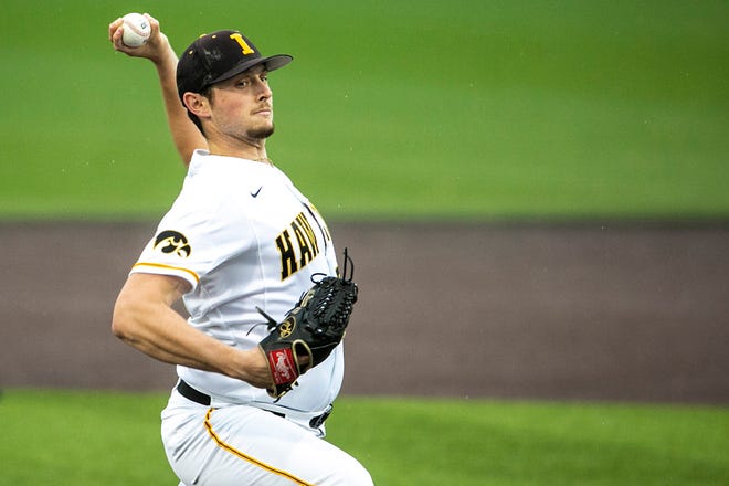 Iowa's Trenton Wallace (38) delivers a pitch during a NCAA Big Ten Conference baseball game against Illinois, Friday, May 14, 2021, at Duane Banks Field in Iowa City, Iowa.