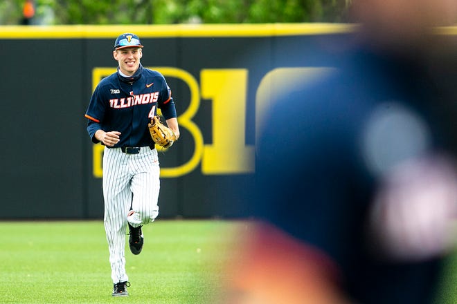 Illinois' Cam McDonald (4) smiles after getting an out during a NCAA Big Ten Conference baseball game against Iowa, Friday, May 14, 2021, at Duane Banks Field in Iowa City, Iowa.