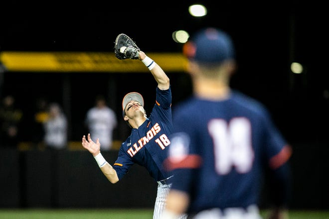 Illinois' Kellen Sarver (18) gets an out during a NCAA Big Ten Conference baseball game against Iowa, Friday, May 14, 2021, at Duane Banks Field in Iowa City, Iowa.