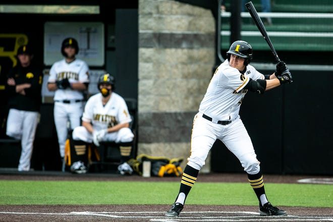 Iowa's Peyton Williams (45) bats during a NCAA Big Ten Conference baseball game against Illinois, Friday, May 14, 2021, at Duane Banks Field in Iowa City, Iowa.