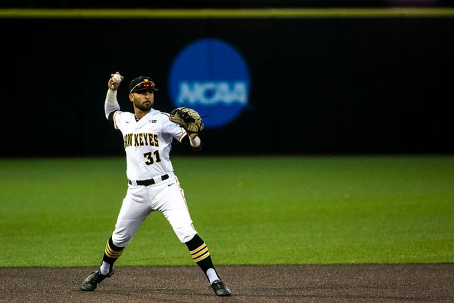 Iowa's Matthew Sosa (31) fields a ball during a NCAA Big Ten Conference baseball game against Illinois, Friday, May 14, 2021, at Duane Banks Field in Iowa City, Iowa.