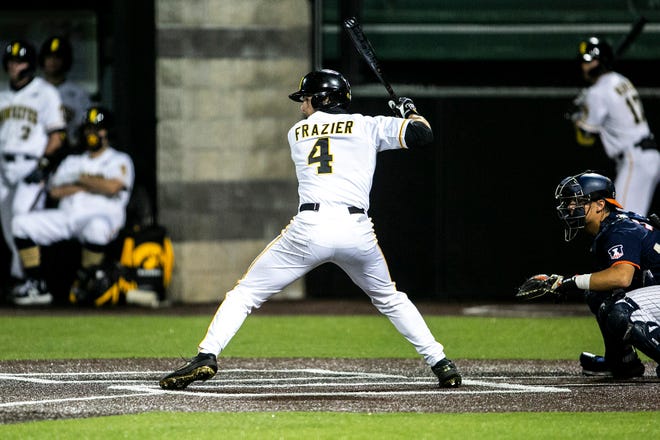 Iowa's Brayden Frazier (4) bats during a NCAA Big Ten Conference baseball game against Illinois, Friday, May 14, 2021, at Duane Banks Field in Iowa City, Iowa.