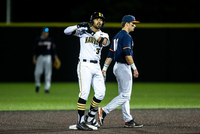 Iowa's Matthew Sosa (31) celebrates after hitting a double during a NCAA Big Ten Conference baseball game against Illinois, Friday, May 14, 2021, at Duane Banks Field in Iowa City, Iowa.
