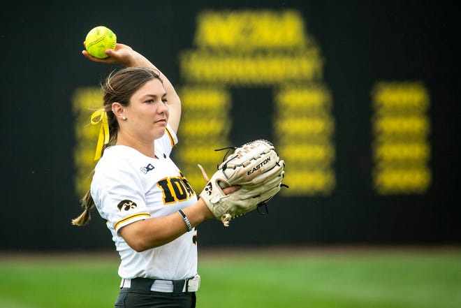 Iowa's Riley Sheehy (33) throws a ball to the infield during a NCAA Big Ten Conference softball game against Illinois, Sunday, May 16, 2021, at Bob Pearl Field in Iowa City, Iowa.