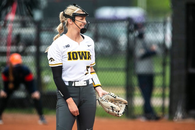 Iowa pitcher Allison Doocy (3) smiles after throwing a strikeout during a NCAA Big Ten Conference softball game against Illinois, Sunday, May 16, 2021, at Bob Pearl Field in Iowa City, Iowa.