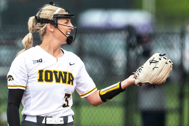 Iowa pitcher Allison Doocy (3) smiles during a NCAA Big Ten Conference softball game against Illinois, Sunday, May 16, 2021, at Bob Pearl Field in Iowa City, Iowa.