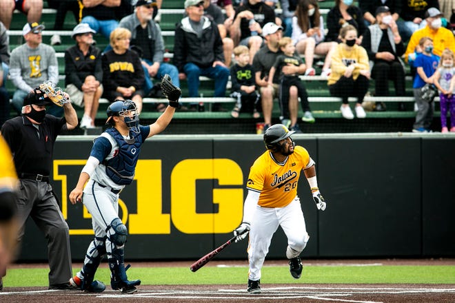 Iowa's Izaya Fullard (20) bats during a NCAA Big Ten Conference baseball game against Illinois, Sunday, May 16, 2021, at Duane Banks Field in Iowa City, Iowa.