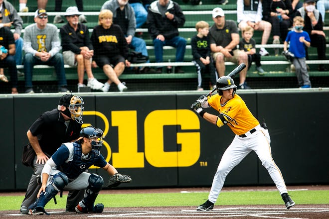 Iowa's Dylan Nedved (17) bats during a NCAA Big Ten Conference baseball game against Illinois, Sunday, May 16, 2021, at Duane Banks Field in Iowa City, Iowa.