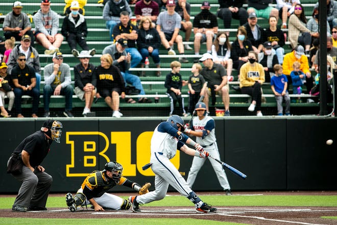 Illinois' Justin Janas (17) hits a home run during a NCAA Big Ten Conference baseball game against Iowa, Sunday, May 16, 2021, at Duane Banks Field in Iowa City, Iowa.
