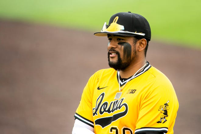 Iowa's Izaya Fullard (20) wears a necklace reading "Black Lives Matter" before a NCAA Big Ten Conference baseball game against Illinois, Sunday, May 16, 2021, at Duane Banks Field in Iowa City, Iowa.