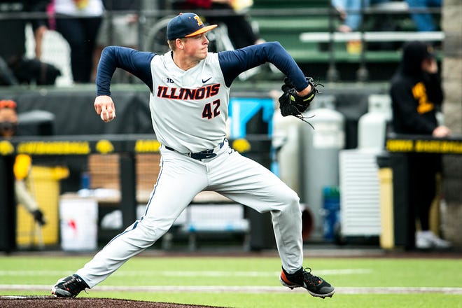Illinois' Riley Gowens (42) delivers a pitch during a NCAA Big Ten Conference baseball game against Iowa, Sunday, May 16, 2021, at Duane Banks Field in Iowa City, Iowa.