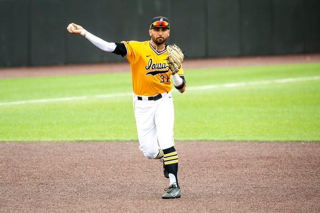 Iowa's Matthew Sosa (31) fields a ball during a NCAA Big Ten Conference baseball game against Illinois, Sunday, May 16, 2021, at Duane Banks Field in Iowa City, Iowa.