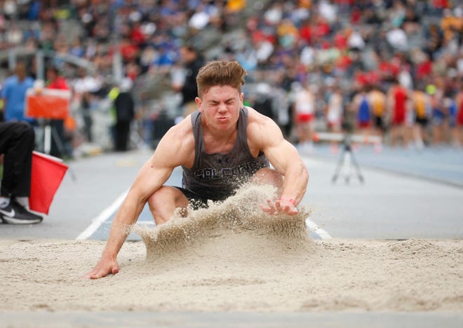 OACBIG's Cooper Dejean won the Class 2A boys long jump during the 2021 Iowa high school state track meet at Drake Stadium in Des Moines on Thursday, May 20, 2021.
