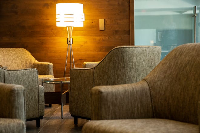 A lamp in the first floor lobby is seen, Wednesday, May 26, 2021, at the Courtyard Marriott in University Heights, Iowa.