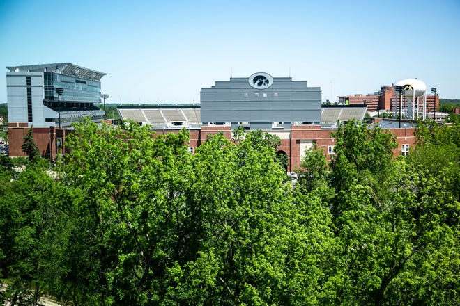 Kinnick Stadium is seen, Wednesday, May 26, 2021, from a sixth floor event space at the Courtyard Marriott in University Heights, Iowa.