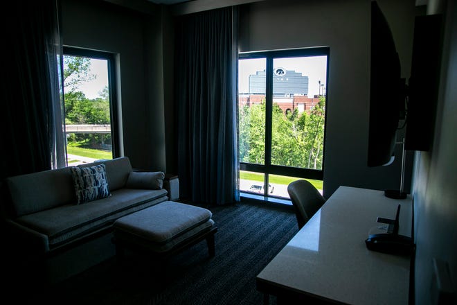 A suite facing north east has a view of Kinnick Stadium, Wednesday, May 26, 2021, at the Courtyard Marriott in University Heights, Iowa.
