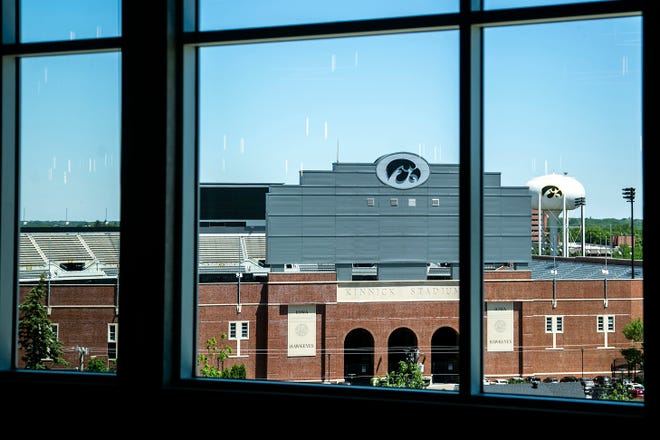Kinnick Stadium is seen, Wednesday, May 26, 2021, from a sixth floor event space at the Courtyard Marriott in University Heights, Iowa.