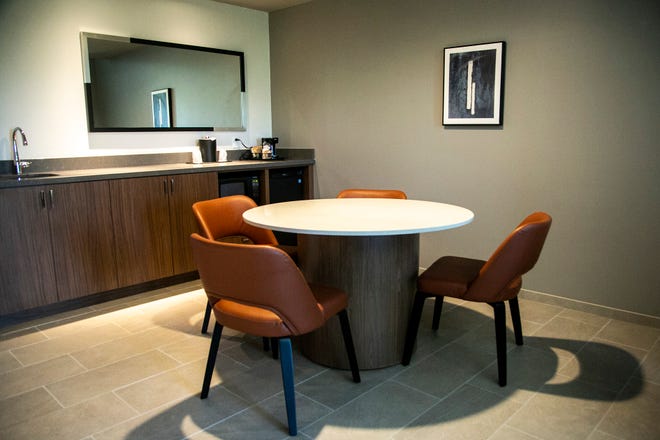 A seating area in a suite room is seen, Wednesday, May 26, 2021, at the Courtyard Marriott in University Heights, Iowa.