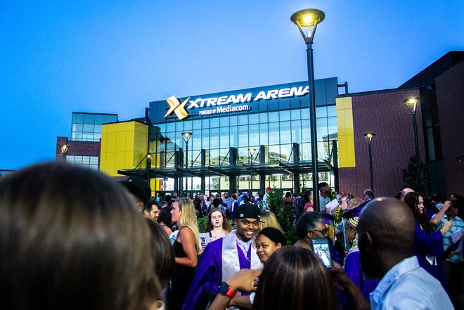 The newest graduates react after the graduation Commencement Ceremony for Iowa City Liberty High School, Saturday, June 5, 2021, at the Xtream Arena in Coralville, Iowa.