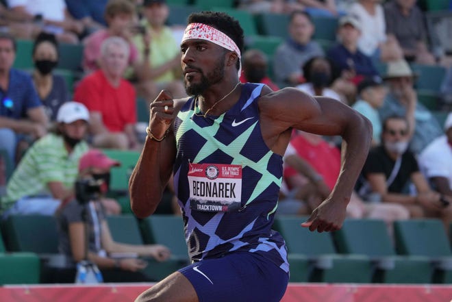 Jun 19, 2021; Eugene, OR, USA; Kenny Bednarek wins 100m heat in 10.07 during the US Olympic Team Trials at Hayward Field. Mandatory Credit: Kirby Lee-USA TODAY Sports