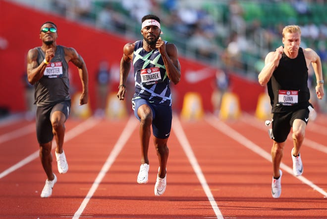 EUGENE, OREGON - JUNE 19: Kenny Bednarek competes in the first round of the Men's 100 Meter on day 2 of the 2020 U.S. Olympic Track & Field Team Trials at Hayward Field on June 19, 2021 in Eugene, Oregon. (Photo by Patrick Smith/Getty Images)