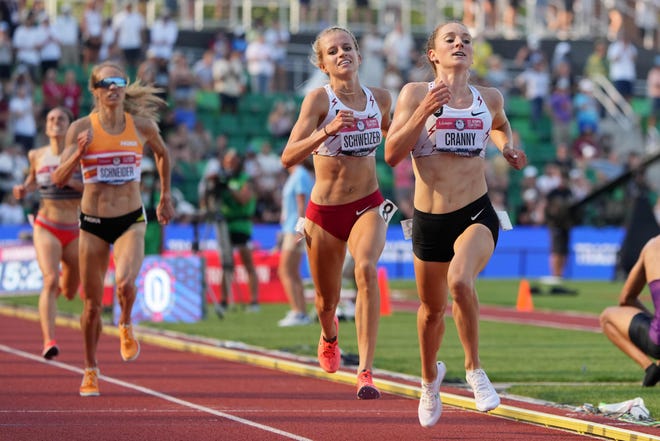 Elise Cranny, right, and Karissa Schweizer place first and second in the women's 5,000m in 15:27.81 and 15:29.56, respectively, during the USA Olympic Team Trials, Monday, June 21, 2021, at Hayward Field in Eugene, Oregon.