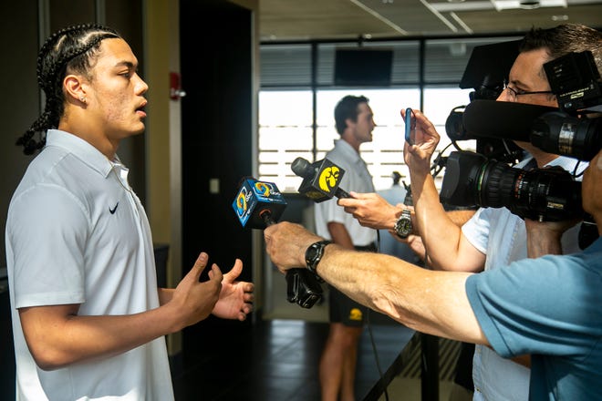 Iowa defensive back Dane Belton speaks to reporters during a summer Hawkeyes football media availability, Tuesday, June 22, 2021, at Kinnick Stadium in Iowa City, Iowa.