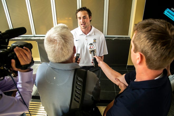 Iowa defensive back Riley Moss speaks to reporters during a summer Hawkeyes football media availability, Tuesday, June 22, 2021, at Kinnick Stadium in Iowa City, Iowa.