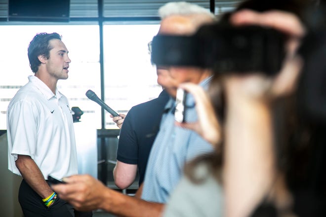 Iowa defensive back Riley Moss speaks to reporters during a summer Hawkeyes football media availability, Tuesday, June 22, 2021, at Kinnick Stadium in Iowa City, Iowa.