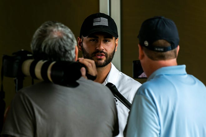Iowa wide receiver Nico Ragaini speaks to reporters during a summer Hawkeyes football media availability, Tuesday, June 22, 2021, at Kinnick Stadium in Iowa City, Iowa.