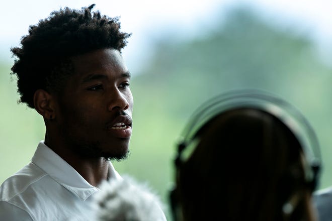 Iowa wide receiver Tyrone Tracy, Jr. speaks to reporters during a summer Hawkeyes football media availability, Tuesday, June 22, 2021, at Kinnick Stadium in Iowa City, Iowa.