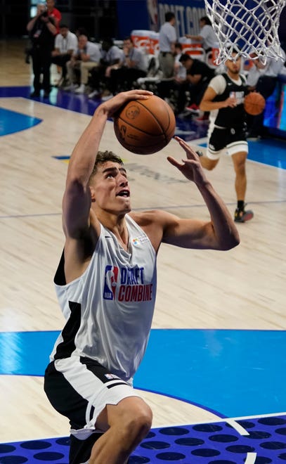 Iowa's Luka Garza participates in the NBA Draft Combine Wednesday, June 23, 2021, at the Wintrust Arena in Chicago.