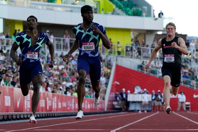 Kenny Bednarek wins a semifinal in the men's 200-meter run at the U.S. Olympic Track and Field Trials Saturday, June 26, 2021, in Eugene, Ore.