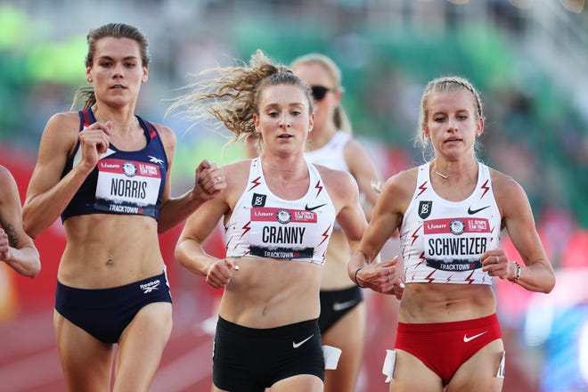 EUGENE, OREGON - JUNE 18: Josette Norris, Elise Cranny and Karissa Schweizer run in the first round of the Women's 5000 Meter during day one of the 2020 U.S. Olympic Track & Field Team Trials at Hayward Field on June 18, 2021 in Eugene, Oregon. (Photo by Steph Chambers/Getty Images)
