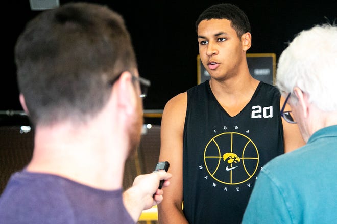 Iowa forward Kris Murray speaks to reporters during a summer Hawkeyes men's basketball media availability, Tuesday, June 29, 2021, at Carver-Hawkeye Arena in Iowa City, Iowa.