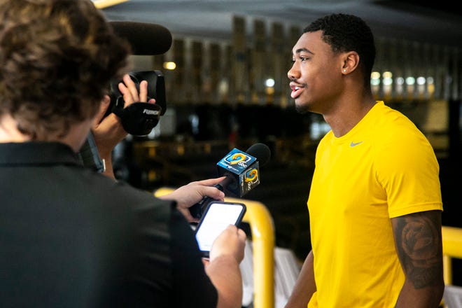 Iowa guard Tony Perkins speaks to reporters during a summer Hawkeyes men's basketball media availability, Tuesday, June 29, 2021, at Carver-Hawkeye Arena in Iowa City, Iowa.