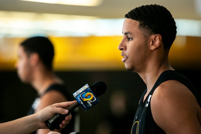 Iowa forward Keegan Murray speaks to reporters during a summer Hawkeyes men's basketball media availability, Tuesday, June 29, 2021, at Carver-Hawkeye Arena in Iowa City, Iowa.