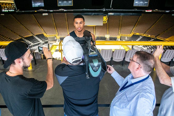 Iowa forward Keegan Murray speaks to reporters during a summer Hawkeyes men's basketball media availability, Tuesday, June 29, 2021, at Carver-Hawkeye Arena in Iowa City, Iowa.