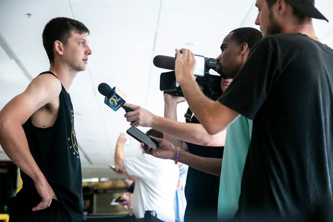 Iowa guard Austin Ash speaks to reporters during a summer Hawkeyes men's basketball media availability, Tuesday, June 29, 2021, at Carver-Hawkeye Arena in Iowa City, Iowa.
